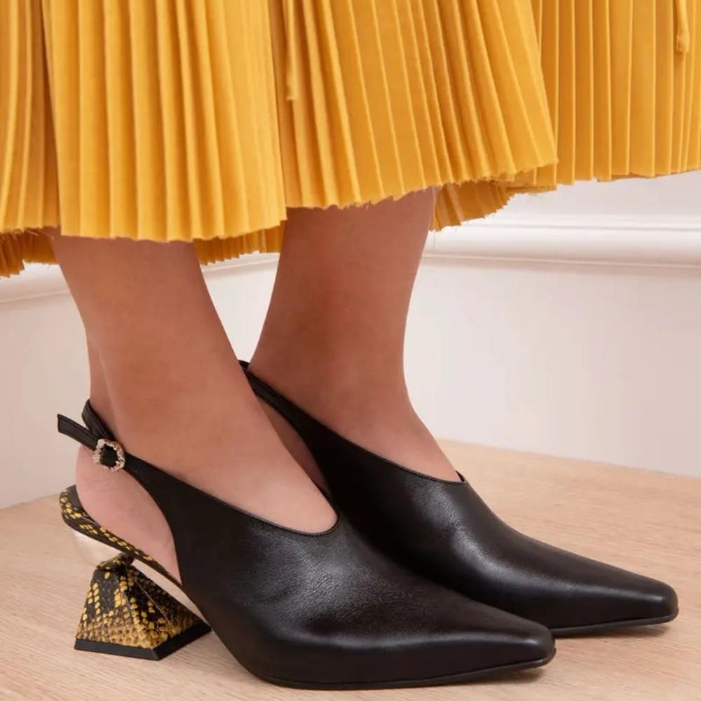 Black & Yellow Slingback pumps w sculptural block heel & mirror ball accent.US9 - Picture 4 of 16